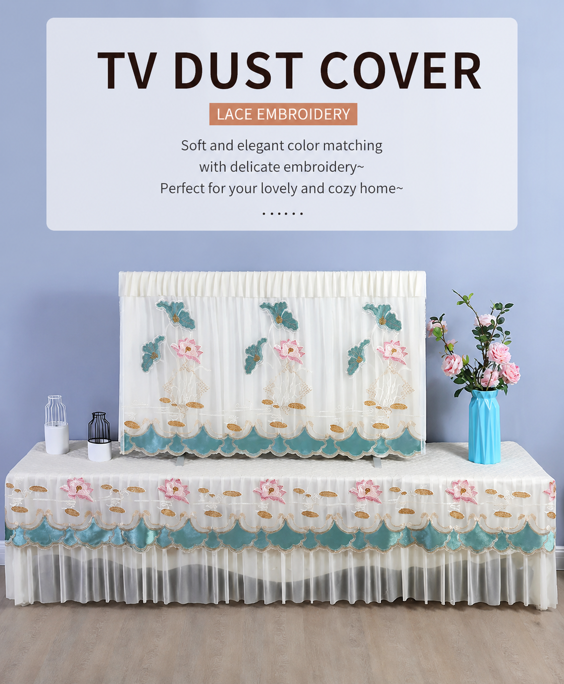 📺 Universal Adjustable Design – Fits All TV Sizes (24" to 65"+) Perfectly! ✨ Lace Fabric Curtain Premium Floral TV Cover