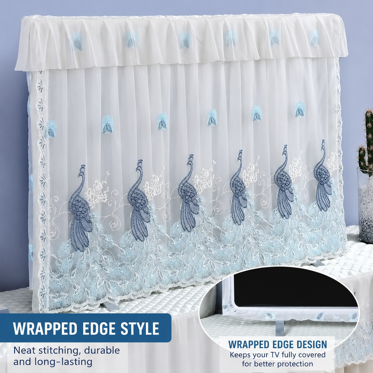 📺 Universal Adjustable Design – Fits All TV Sizes (24" to 65"+) Perfectly! ✨ Lace Fabric Curtain Premium Floral TV Cover